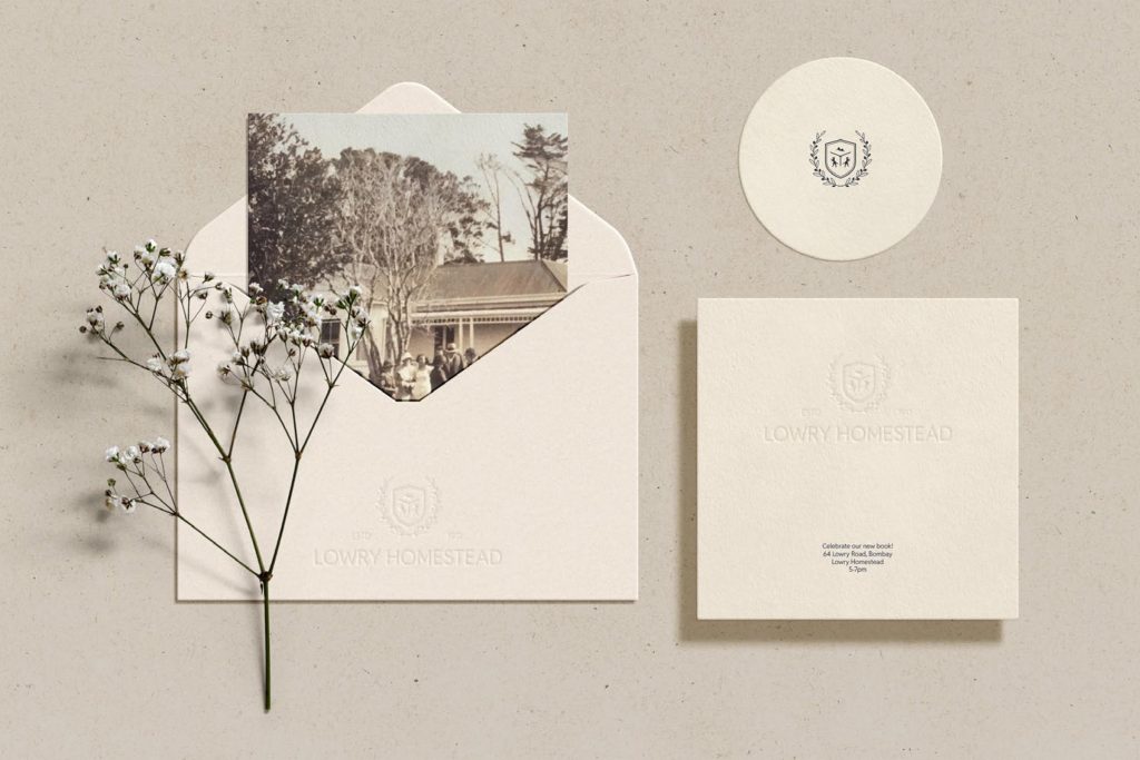 Macauley Richards, Bachelor of Design and Digital Media, Student work, Whitecliffe College, branding, logo, book, Graphic design, designer, visual identity, brand guideline, envelope, stationary, craft, craft paper, Lowry Homestead, student project