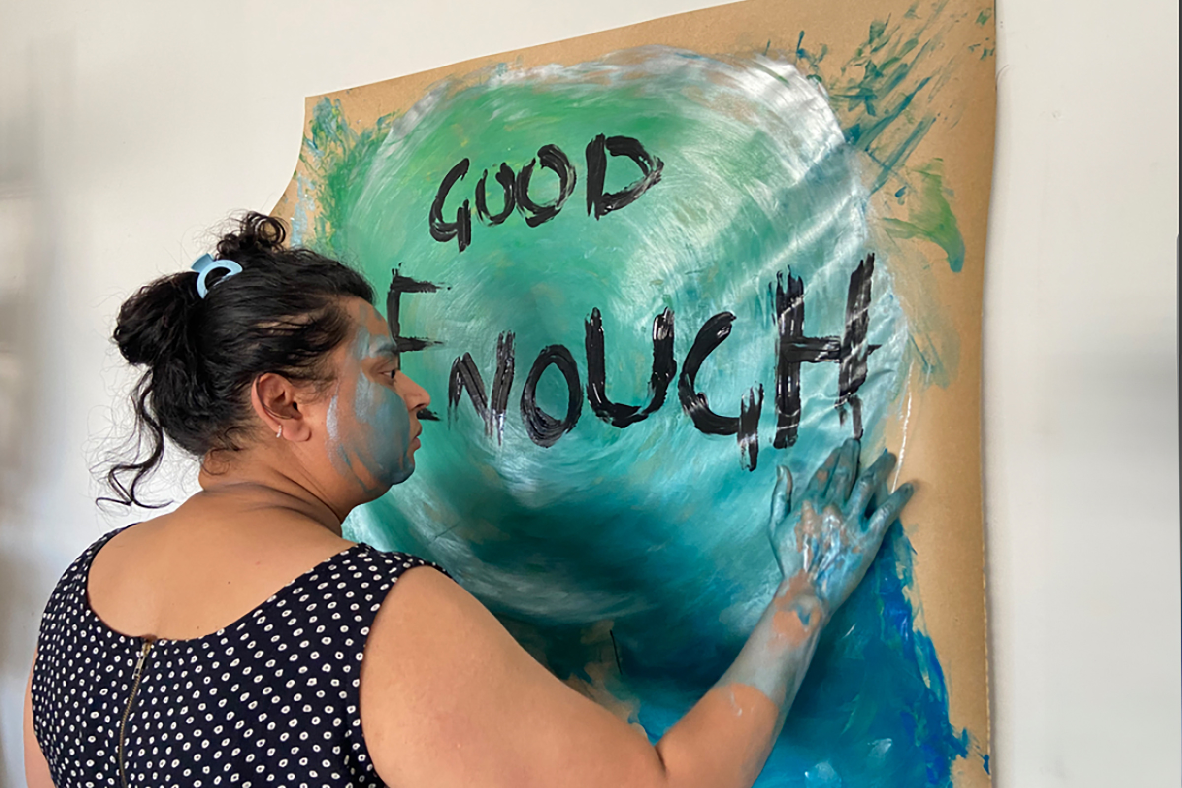 Ruchita Parekh, Master of Arts in Creative Arts Therapy (Clinical), Whitecliffe student work, Arts Therapy, Master, paint with hand, good enough, Clinical Arts Therapist, painting, Art